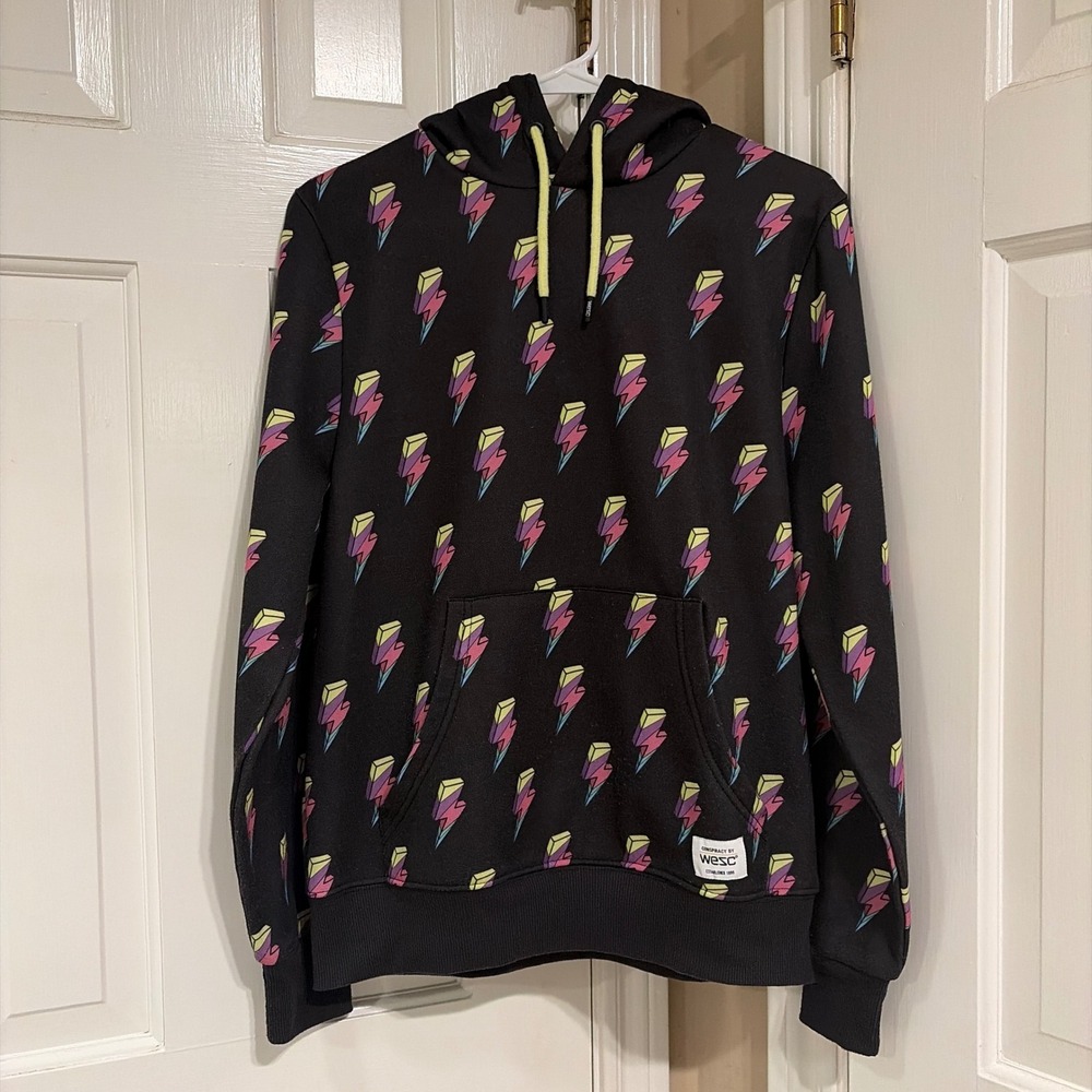 WESC Mens S Mike Flash AOP Hoodie Black Lightning Bolt Print Pullover Sweatshirt